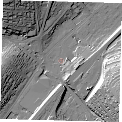Shaded relief map of the ground around CR82FR, computed from Environment Agency LiDAR. The ground here sits at about 64 m above sea level and falls 59 m across the surrounding 800 m. Surface water reaching this point runs off ground lying to the east-south-east, 14.7 m higher.