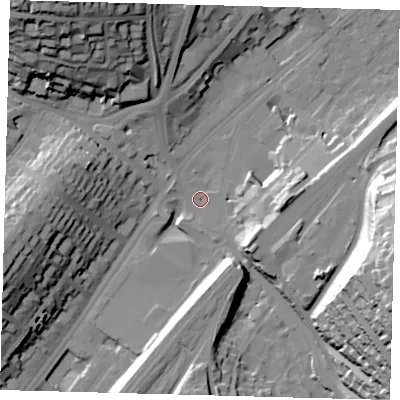 Shaded relief map of the ground around CR82HA, computed from Environment Agency LiDAR. The ground here sits at about 64 m above sea level and falls 54 m across the surrounding 800 m. Surface water reaching this point runs off ground lying to the east-south-east, 53.6 m higher.