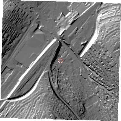 Shaded relief map of the ground around CR82HB, computed from Environment Agency LiDAR. The ground here sits at about 66 m above sea level and falls 60 m across the surrounding 800 m. Surface water reaching this point runs off ground lying to the east, 57.7 m higher.
