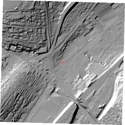 Shaded relief map of the ground around CR82HW, computed from Environment Agency LiDAR. The ground here sits at about 64 m above sea level and falls 54 m across the surrounding 800 m. Surface water reaching this point runs off ground lying to the north-west, 8.0 m higher.