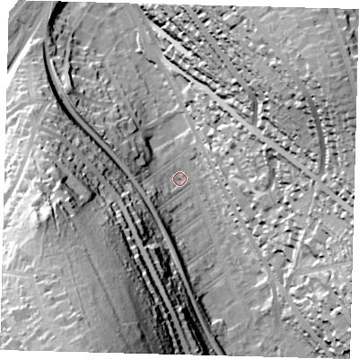 Shaded relief map of the ground around CR82HZ, computed from Environment Agency LiDAR. The ground here sits at about 69 m above sea level and falls 67 m across the surrounding 800 m. Surface water reaching this point runs off ground lying to the south-south-west, 61.4 m higher.