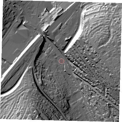 Shaded relief map of the ground around CR82JY, computed from Environment Agency LiDAR. The ground here sits at about 67 m above sea level and falls 66 m across the surrounding 800 m. Surface water reaching this point runs off ground lying to the east-south-east, 58.9 m higher.