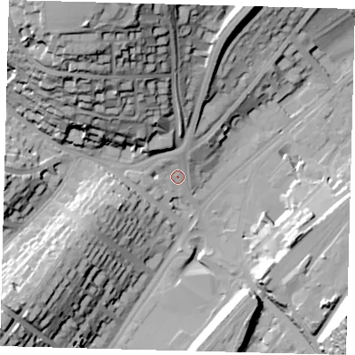 Shaded relief map of the ground around CR82LE, computed from Environment Agency LiDAR. The ground here sits at about 67 m above sea level and falls 50 m across the surrounding 800 m. Surface water reaching this point runs off ground lying to the north, 4.4 m higher.