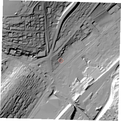 Shaded relief map of the ground around CR82LH, computed from Environment Agency LiDAR. The ground here sits at about 64 m above sea level and falls 54 m across the surrounding 800 m. Surface water reaching this point runs off ground lying to the west-north-west, 7.4 m higher.