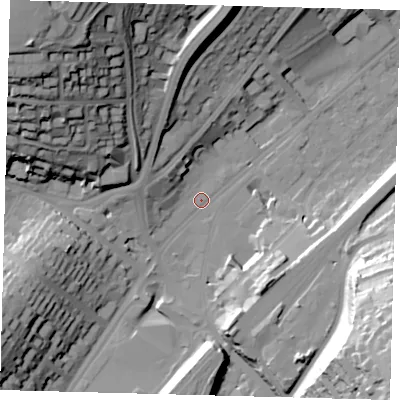 Shaded relief map of the ground around CR82LN, computed from Environment Agency LiDAR. The ground here sits at about 63 m above sea level and falls 58 m across the surrounding 800 m. Surface water reaching this point runs off ground lying to the north-west, 49.5 m higher.