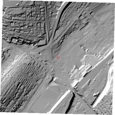 Shaded relief map of the ground around CR82LP, computed from Environment Agency LiDAR. The ground here sits at about 64 m above sea level and falls 53 m across the surrounding 800 m. Surface water reaching this point runs off ground lying to the north-north-west, 7.8 m higher.