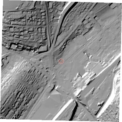 Shaded relief map of the ground around CR82LQ, computed from Environment Agency LiDAR. The ground here sits at about 64 m above sea level and falls 54 m across the surrounding 800 m. Surface water reaching this point runs off ground lying to the north-west, 7.9 m higher.