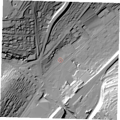 Shaded relief map of the ground around CR82LT, computed from Environment Agency LiDAR. The ground here sits at about 63 m above sea level and falls 59 m across the surrounding 800 m. Surface water reaching this point runs off ground lying to the west, 7.8 m higher.