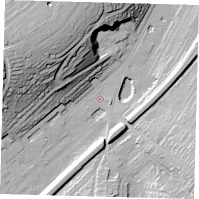 Shaded relief map of the ground around CR82PG, computed from Environment Agency LiDAR. The ground here sits at about 59 m above sea level and falls 47 m across the surrounding 800 m. Surface water reaching this point runs off ground lying to the south-east, 26.4 m higher.