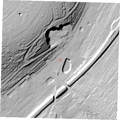 Shaded relief map of the ground around CR82PL, computed from Environment Agency LiDAR. The ground here sits at about 59 m above sea level and falls 47 m across the surrounding 800 m. Surface water reaching this point runs off ground lying to the west-north-west, 43.8 m higher.