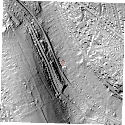 Shaded relief map of the ground around CR82SD, computed from Environment Agency LiDAR. The ground here sits at about 72 m above sea level and falls 70 m across the surrounding 800 m. Surface water reaching this point runs off ground lying to the west-south-west, 62.0 m higher.
