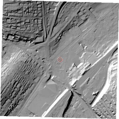 Shaded relief map of the ground around CR82UN, computed from Environment Agency LiDAR. The ground here sits at about 64 m above sea level and falls 55 m across the surrounding 800 m. Surface water reaching this point runs off ground lying to the north-west, 48.8 m higher.