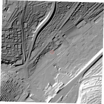 Shaded relief map of the ground around CR82YL, computed from Environment Agency LiDAR. The ground here sits at about 63 m above sea level and falls 54 m across the surrounding 800 m. Surface water reaching this point runs off ground lying to the north, 33.2 m higher.