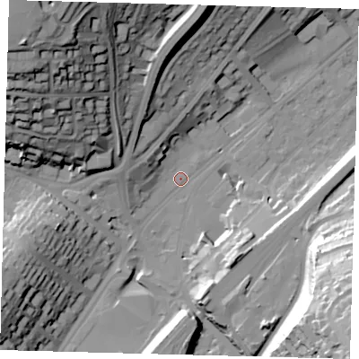 Shaded relief map of the ground around CR82YX, computed from Environment Agency LiDAR. The ground here sits at about 63 m above sea level and falls 58 m across the surrounding 800 m. Surface water reaching this point runs off ground lying to the north-west, 49.5 m higher.