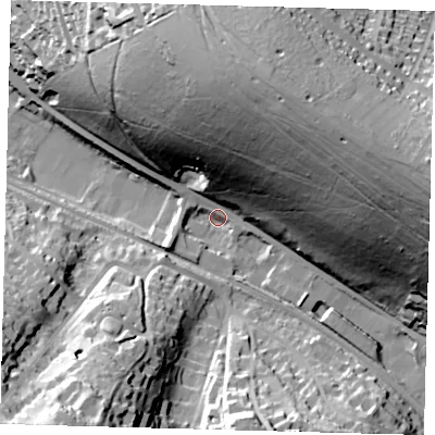 Shaded relief map of the ground around CR85AA, computed from Environment Agency LiDAR. The ground here sits at about 79 m above sea level and falls 69 m across the surrounding 800 m. Surface water reaching this point runs off ground lying to the north-east, 65.2 m higher.