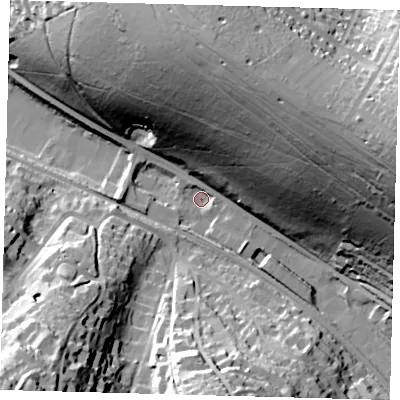 Shaded relief map of the ground around CR85AB, computed from Environment Agency LiDAR. The ground here sits at about 78 m above sea level and falls 70 m across the surrounding 800 m. Surface water reaching this point runs off ground lying to the east-north-east, 67.4 m higher.