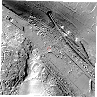 Shaded relief map of the ground around CR85AD, computed from Environment Agency LiDAR. The ground here sits at about 81 m above sea level and falls 76 m across the surrounding 800 m. Surface water reaching this point runs off ground lying to the south, 46.5 m higher.