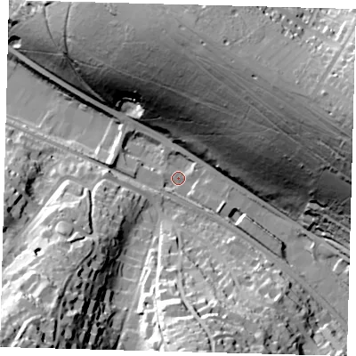 Shaded relief map of the ground around CR85AZ, computed from Environment Agency LiDAR. The ground here sits at about 79 m above sea level and falls 70 m across the surrounding 800 m. Surface water reaching this point runs off ground lying to the east-north-east, 67.3 m higher.