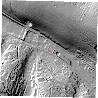 Shaded relief map of the ground around CR85GB, computed from Environment Agency LiDAR. The ground here sits at about 80 m above sea level and falls 71 m across the surrounding 800 m. Surface water reaching this point runs off ground lying to the east-north-east, 68.6 m higher.