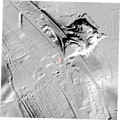 Shaded relief map of the ground around CR85GX, computed from Environment Agency LiDAR. The ground here sits at about 89 m above sea level and falls 82 m across the surrounding 800 m. Surface water reaching this point runs off ground lying to the north-north-west, 24.6 m higher.