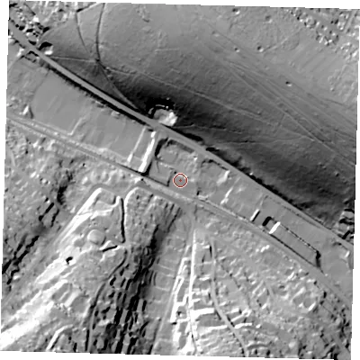 Shaded relief map of the ground around CR85JA, computed from Environment Agency LiDAR. The ground here sits at about 80 m above sea level and falls 69 m across the surrounding 800 m. Surface water reaching this point runs off ground lying to the west, 3.4 m higher.