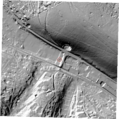 Shaded relief map of the ground around CR85JS, computed from Environment Agency LiDAR. The ground here sits at about 77 m above sea level and falls 70 m across the surrounding 800 m. Surface water reaching this point runs off ground lying to the south, 7.8 m higher.