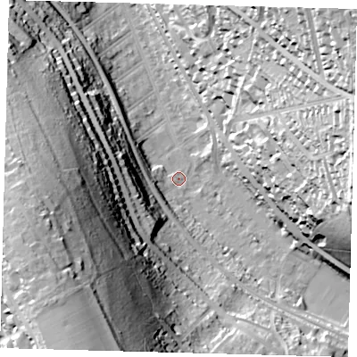 Shaded relief map of the ground around CR85NA, computed from Environment Agency LiDAR. The ground here sits at about 72 m above sea level and falls 70 m across the surrounding 800 m. Surface water reaching this point runs off ground lying to the east-north-east, 52.6 m higher.