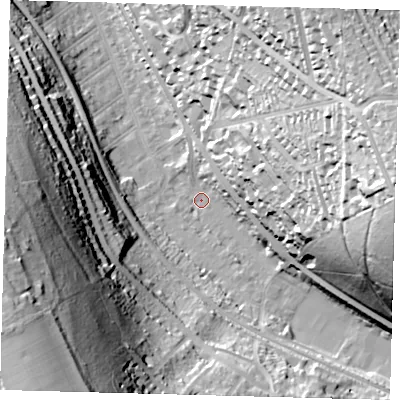 Shaded relief map of the ground around CR85NB, computed from Environment Agency LiDAR. The ground here sits at about 72 m above sea level and falls 70 m across the surrounding 800 m. Surface water reaching this point runs off ground lying to the east, 58.1 m higher.