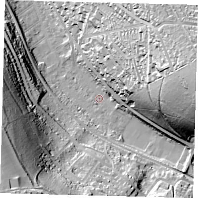 Shaded relief map of the ground around CR85ND, computed from Environment Agency LiDAR. The ground here sits at about 73 m above sea level and falls 72 m across the surrounding 800 m. Surface water reaching this point runs off ground lying to the east-north-east, 64.0 m higher.