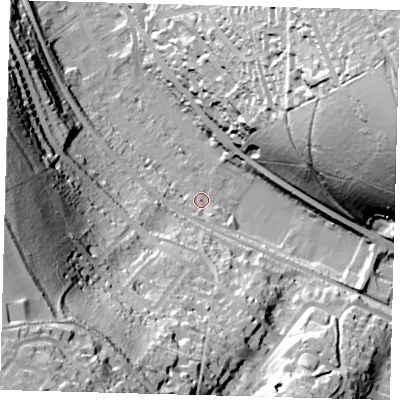 Shaded relief map of the ground around CR85NE, computed from Environment Agency LiDAR. The ground here sits at about 76 m above sea level and falls 74 m across the surrounding 800 m. Surface water reaching this point runs off ground lying to the south-west, 68.9 m higher.