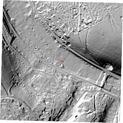 Shaded relief map of the ground around CR85NF, computed from Environment Agency LiDAR. The ground here sits at about 74 m above sea level and falls 74 m across the surrounding 800 m. Surface water reaching this point runs off ground lying to the south-south-west, 64.8 m higher.