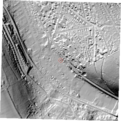 Shaded relief map of the ground around CR85NH, computed from Environment Agency LiDAR. The ground here sits at about 73 m above sea level and falls 70 m across the surrounding 800 m. Surface water reaching this point runs off ground lying to the east, 62.9 m higher.