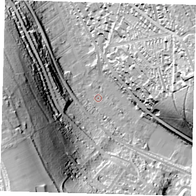 Shaded relief map of the ground around CR85NJ, computed from Environment Agency LiDAR. The ground here sits at about 73 m above sea level and falls 71 m across the surrounding 800 m. Surface water reaching this point runs off ground lying to the south, 6.7 m higher.