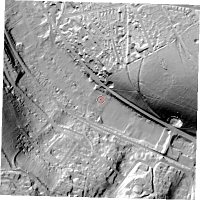 Shaded relief map of the ground around CR85NL, computed from Environment Agency LiDAR. The ground here sits at about 74 m above sea level and falls 72 m across the surrounding 800 m. Surface water reaching this point runs off ground lying to the east-north-east, 63.3 m higher.