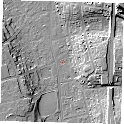 Shaded relief map of the ground around CR91AR, computed from Environment Agency LiDAR. The ground here sits at about 49 m above sea level and falls 35 m across the surrounding 800 m. Surface water reaching this point runs off ground lying to the east, 18.7 m higher.