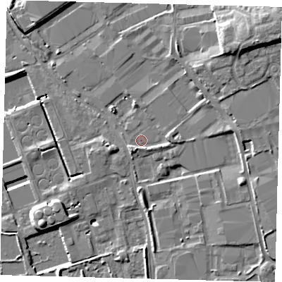 Shaded relief map of the ground around CR94ND, computed from Environment Agency LiDAR. The ground here sits at about 35 m above sea level and falls 13 m across the surrounding 800 m. Surface water reaching this point runs off ground lying to the south-south-west, 2.3 m higher.