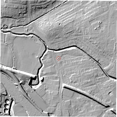 Shaded relief map of the ground around CV100AN, computed from Environment Agency LiDAR. The ground here sits at about 80 m above sea level and falls 14 m across the surrounding 800 m. Surface water reaching this point runs off ground lying to the south-south-east, 8.0 m higher.