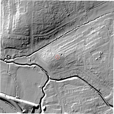 Shaded relief map of the ground around CV100BS, computed from Environment Agency LiDAR. The ground here sits at about 83 m above sea level and falls 13 m across the surrounding 800 m. Surface water reaching this point runs off ground lying to the east-south-east, 1.2 m higher.