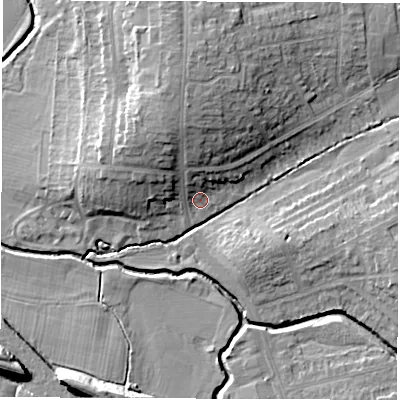 Shaded relief map of the ground around CV100HF, computed from Environment Agency LiDAR. The ground here sits at about 80 m above sea level and falls 14 m across the surrounding 800 m. Surface water reaching this point runs off ground lying to the north-north-west, 4.5 m higher.
