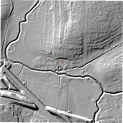 Shaded relief map of the ground around CV100HQ, computed from Environment Agency LiDAR. The ground here sits at about 80 m above sea level and falls 16 m across the surrounding 800 m. Surface water reaching this point runs off ground lying to the north-north-east, 6.9 m higher.