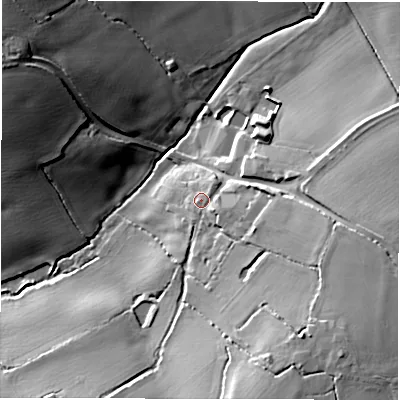 Shaded relief map of the ground around CV100QR, computed from Environment Agency LiDAR. The ground here sits at about 144 m above sea level and falls 25 m across the surrounding 800 m. Surface water reaching this point runs off ground lying to the east-south-east, 2.9 m higher.