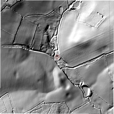 Shaded relief map of the ground around CV100QT, computed from Environment Agency LiDAR. The ground here sits at about 129 m above sea level and falls 32 m across the surrounding 800 m. Surface water reaching this point runs off ground lying to the north-west, 27.5 m higher.