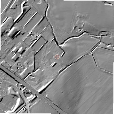 Shaded relief map of the ground around CV100RX, computed from Environment Agency LiDAR. The ground here sits at about 77 m above sea level and falls 16 m across the surrounding 800 m. Surface water reaching this point runs off ground lying to the south, 3.5 m higher.