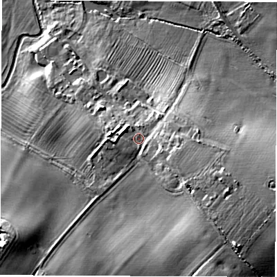 Shaded relief map of the ground around CV100TN, computed from Environment Agency LiDAR. The ground here sits at about 82 m above sea level and falls 14 m across the surrounding 800 m. Surface water reaching this point runs off ground lying to the east-south-east, 3.7 m higher.