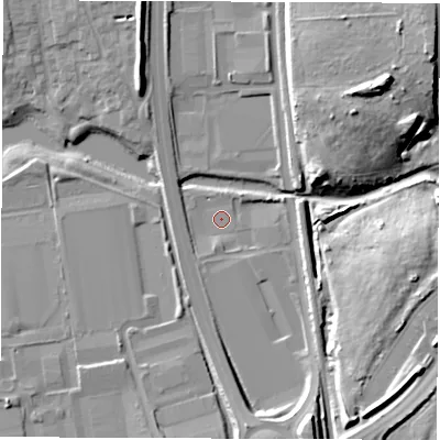 Shaded relief map of the ground around CV107JR, computed from Environment Agency LiDAR. The ground here sits at about 93 m above sea level and falls 20 m across the surrounding 800 m. Surface water reaching this point runs off ground lying to the south-south-east, 12.7 m higher.