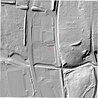 Shaded relief map of the ground around CV107JS, computed from Environment Agency LiDAR. The ground here sits at about 93 m above sea level and falls 22 m across the surrounding 800 m. Surface water reaching this point runs off ground lying to the east-north-east, 1.8 m higher.