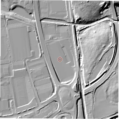 Shaded relief map of the ground around CV107JU, computed from Environment Agency LiDAR. The ground here sits at about 94 m above sea level and falls 18 m across the surrounding 800 m. Surface water reaching this point runs off ground lying to the south-south-west, 3.5 m higher.