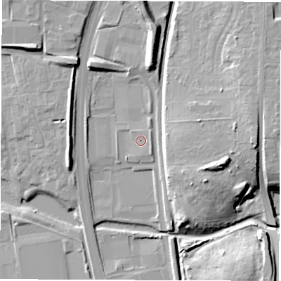 Shaded relief map of the ground around CV107QR, computed from Environment Agency LiDAR. The ground here sits at about 95 m above sea level and falls 22 m across the surrounding 800 m. Surface water reaching this point runs off ground lying to the east-north-east, 2.0 m higher.