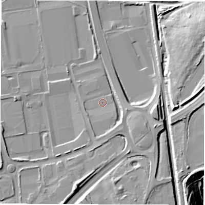 Shaded relief map of the ground around CV107RA, computed from Environment Agency LiDAR. The ground here sits at about 96 m above sea level and falls 33 m across the surrounding 800 m. Surface water reaching this point runs off ground lying to the south-south-east, 3.3 m higher.