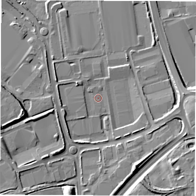 Shaded relief map of the ground around CV107SA, computed from Environment Agency LiDAR. The ground here sits at about 96 m above sea level and falls 12 m across the surrounding 800 m. Surface water reaching this point runs off ground lying to the south-south-east, 8.6 m higher.
